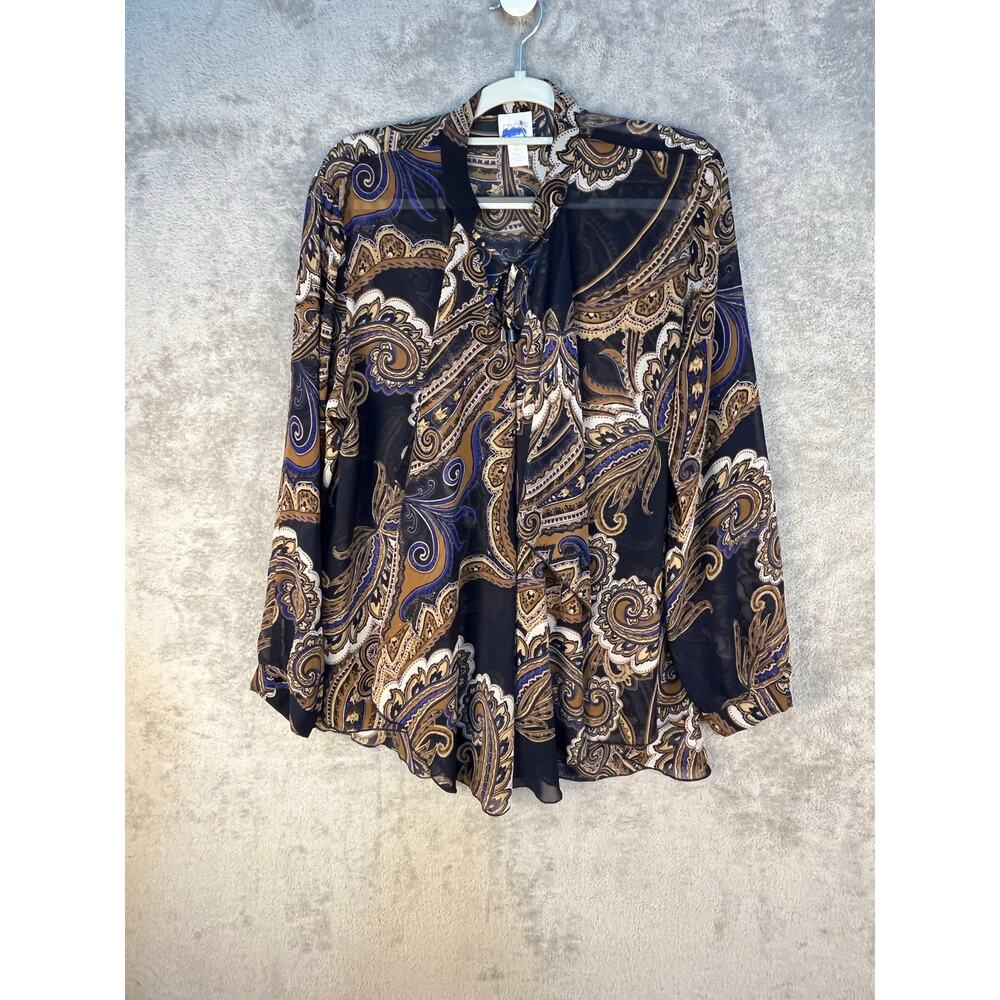 Chico's Blouse Size Large Blue Brown Paisley Ruffle Scarf Academia
